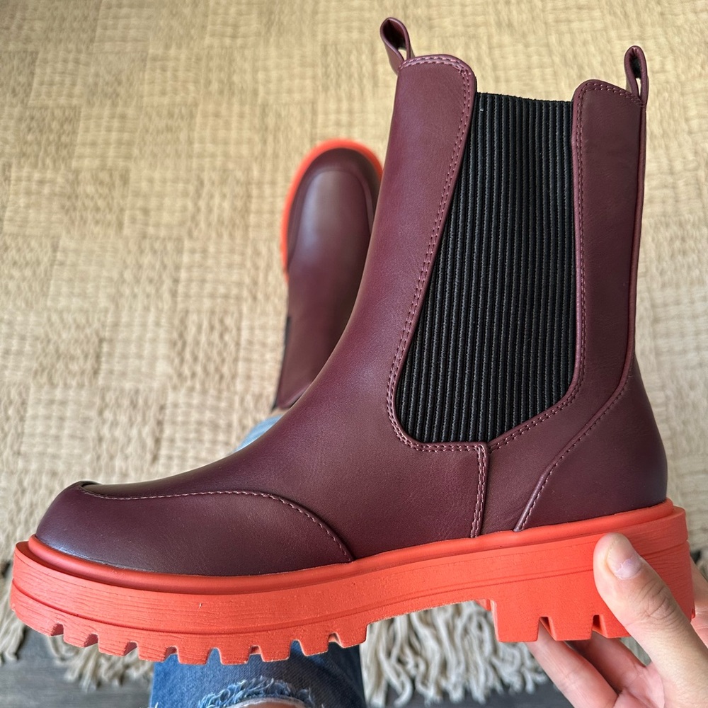Vino Orange Two Tone Chelsea Lug Block Heel Bootie